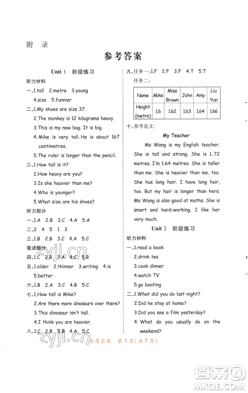 陜西師范大學(xué)出版總社有限公司2023黃岡同步練一日一練六年級(jí)英語(yǔ)下冊(cè)人教PEP版參考答案