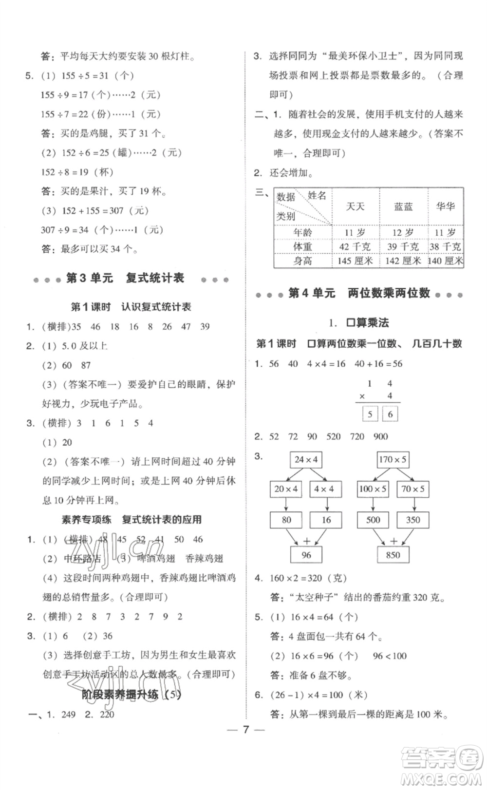 吉林教育出版社2023綜合應用創(chuàng)新題典中點三年級數(shù)學下冊人教版浙江專版參考答案