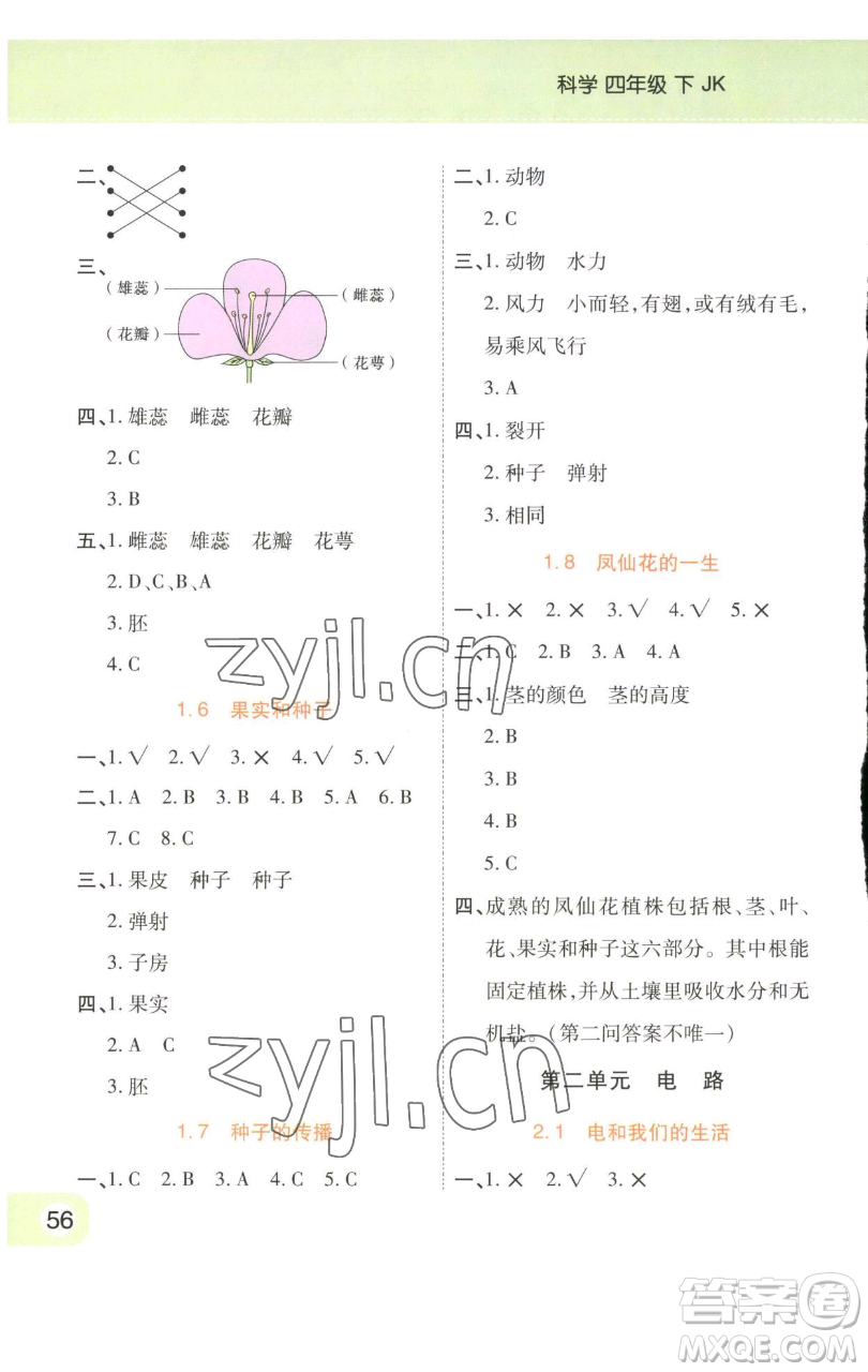 陜西師范大學(xué)出版總社有限公司2023黃岡同步練一日一練四年級科學(xué)下冊教科版參考答案