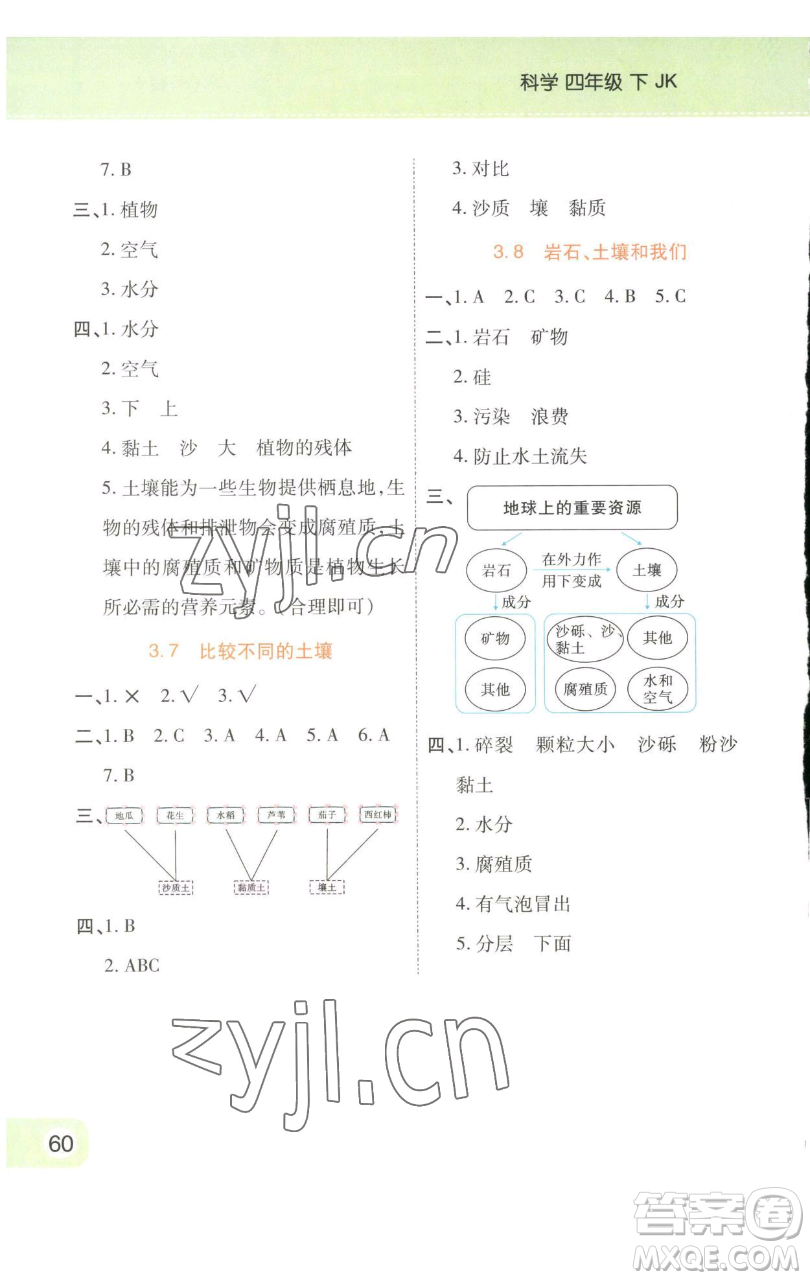 陜西師范大學(xué)出版總社有限公司2023黃岡同步練一日一練四年級科學(xué)下冊教科版參考答案