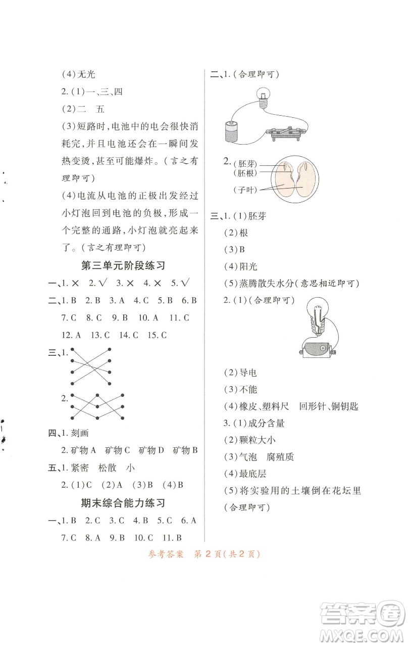 陜西師范大學(xué)出版總社有限公司2023黃岡同步練一日一練四年級科學(xué)下冊教科版參考答案