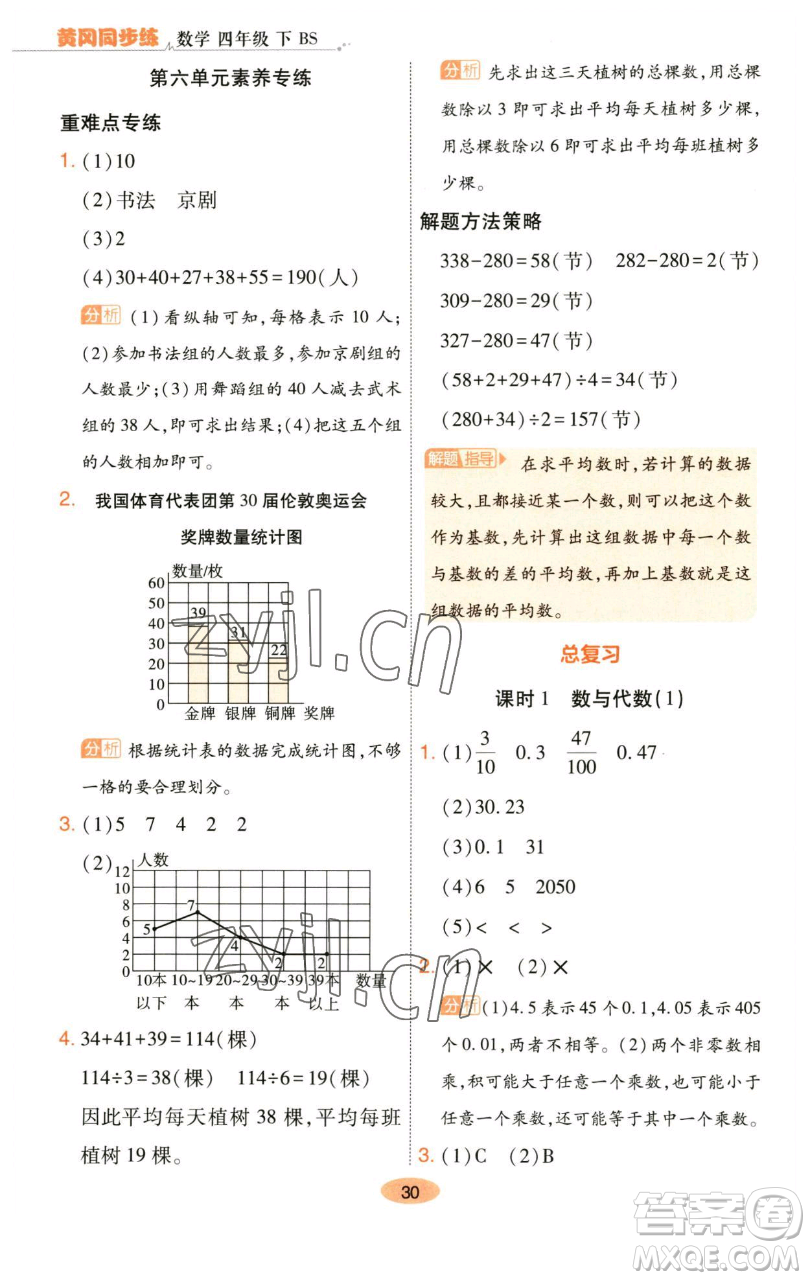 陜西師范大學出版總社有限公司2023黃岡同步練一日一練四年級數學下冊北師大版參考答案