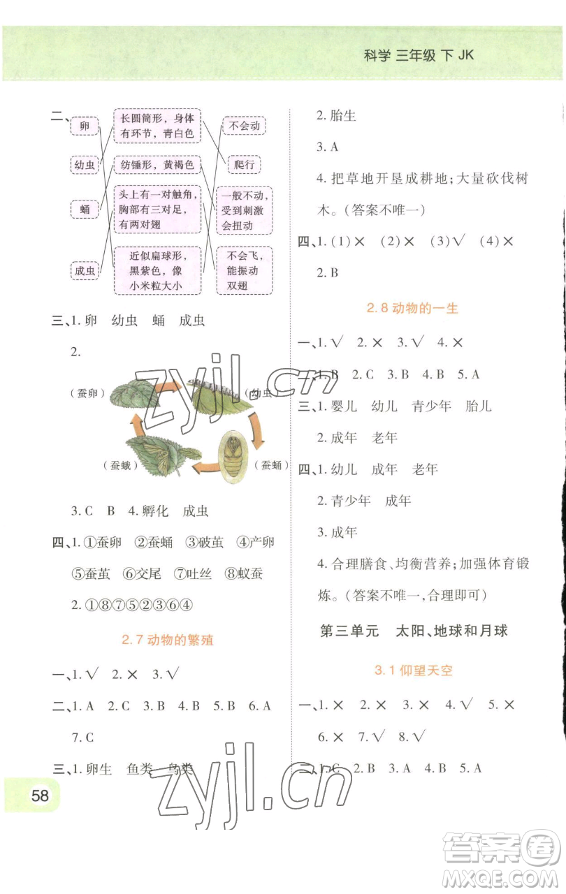 陜西師范大學出版總社有限公司2023黃岡同步練一日一練三年級科學下冊教科版參考答案