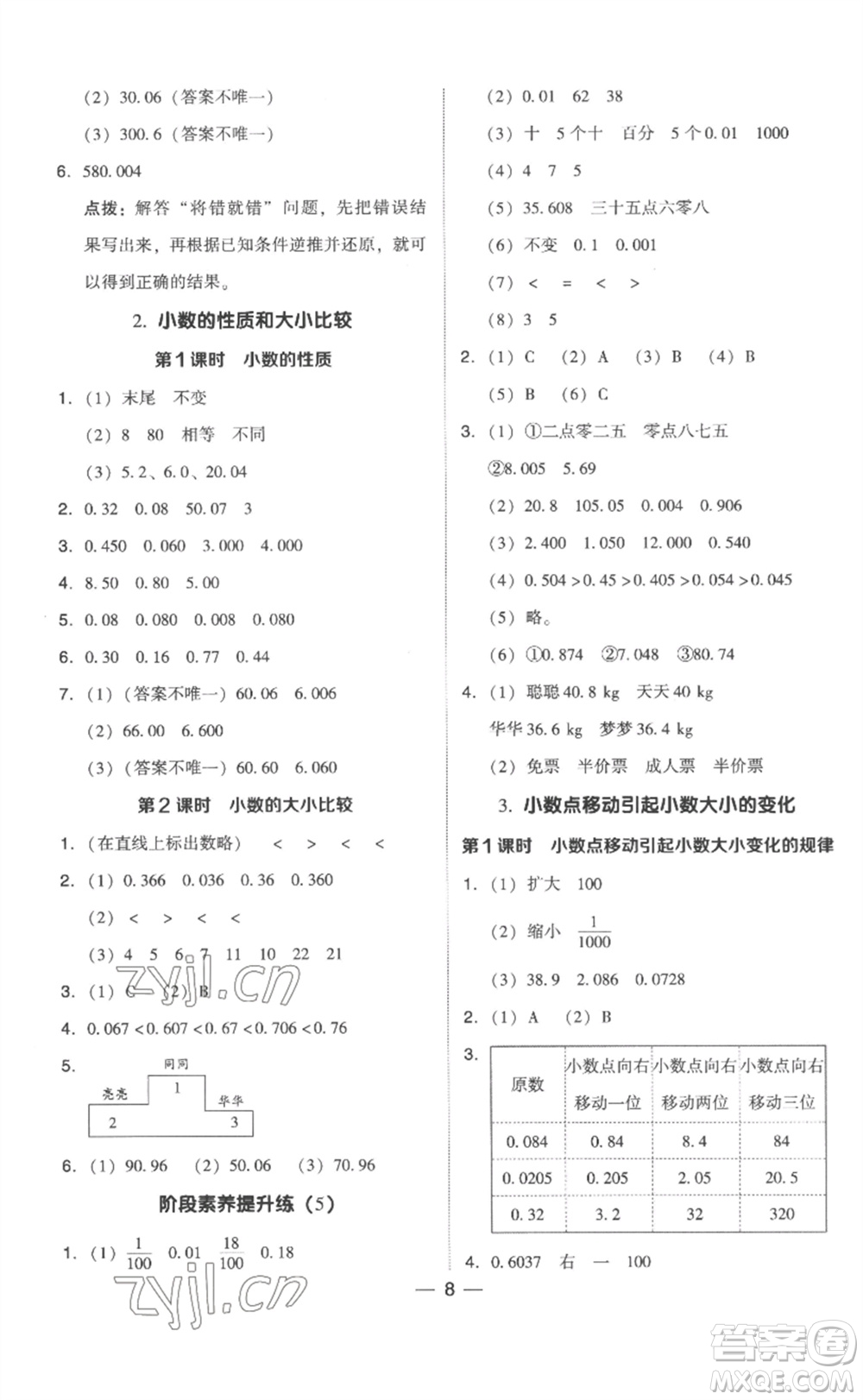 吉林教育出版社2023綜合應(yīng)用創(chuàng)新題典中點(diǎn)四年級(jí)數(shù)學(xué)下冊(cè)人教版浙江專版參考答案