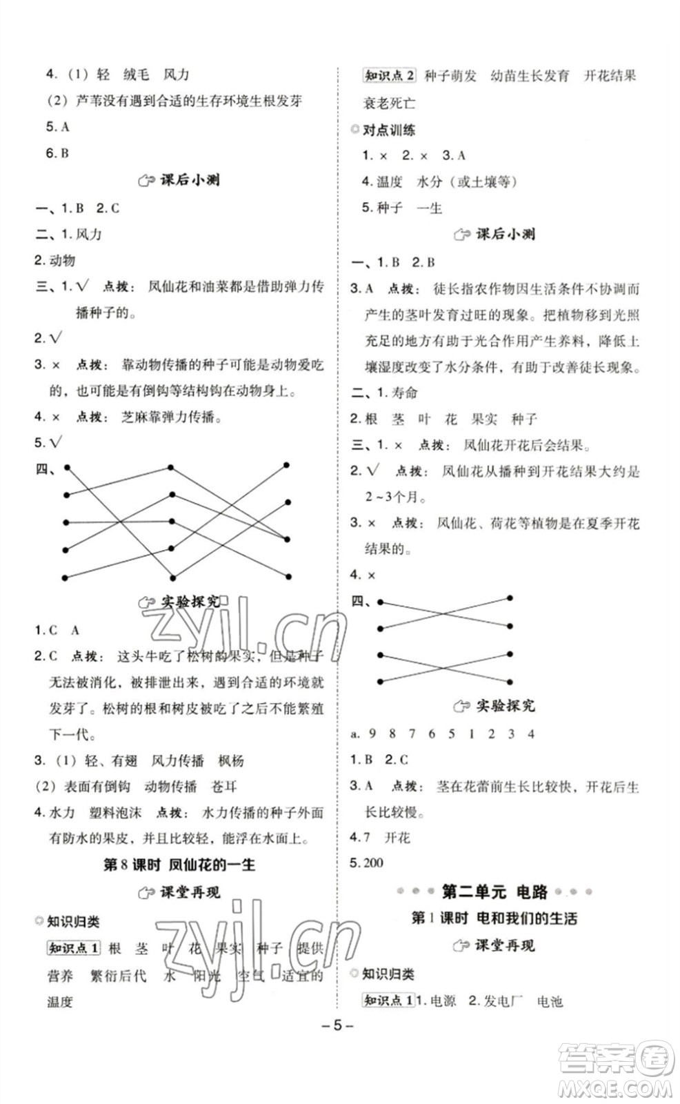 山西教育出版社2023綜合應(yīng)用創(chuàng)新題典中點(diǎn)四年級(jí)科學(xué)下冊(cè)科教版參考答案