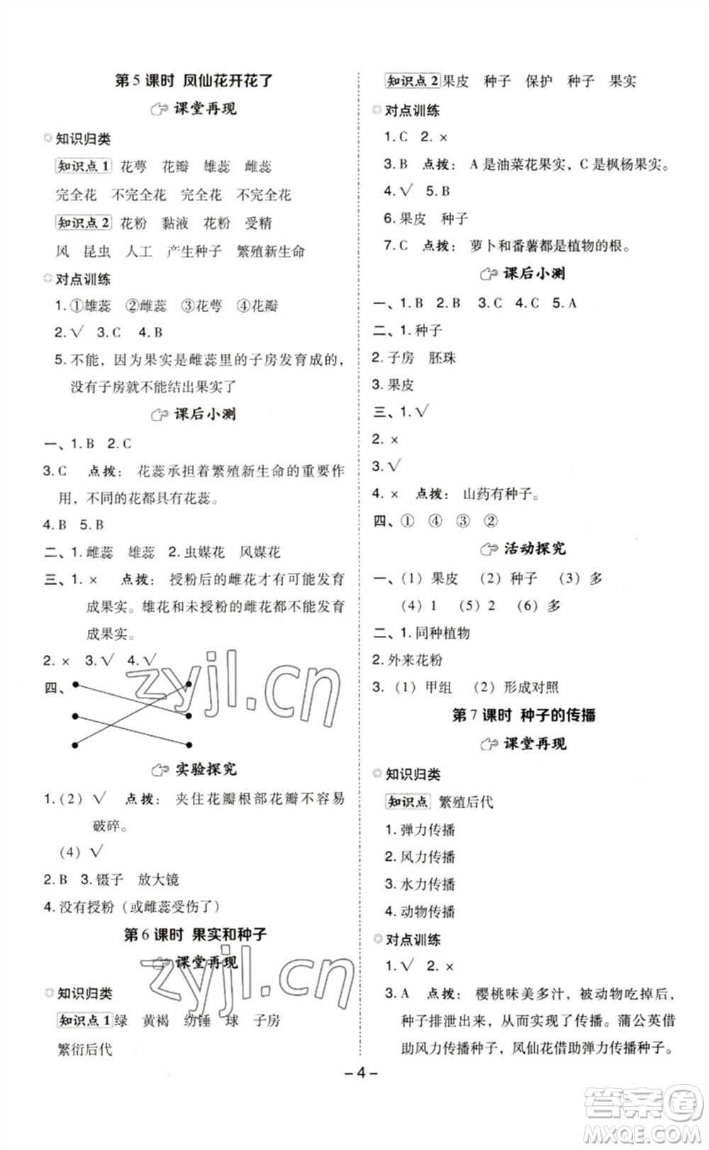 山西教育出版社2023綜合應(yīng)用創(chuàng)新題典中點(diǎn)四年級(jí)科學(xué)下冊(cè)科教版參考答案