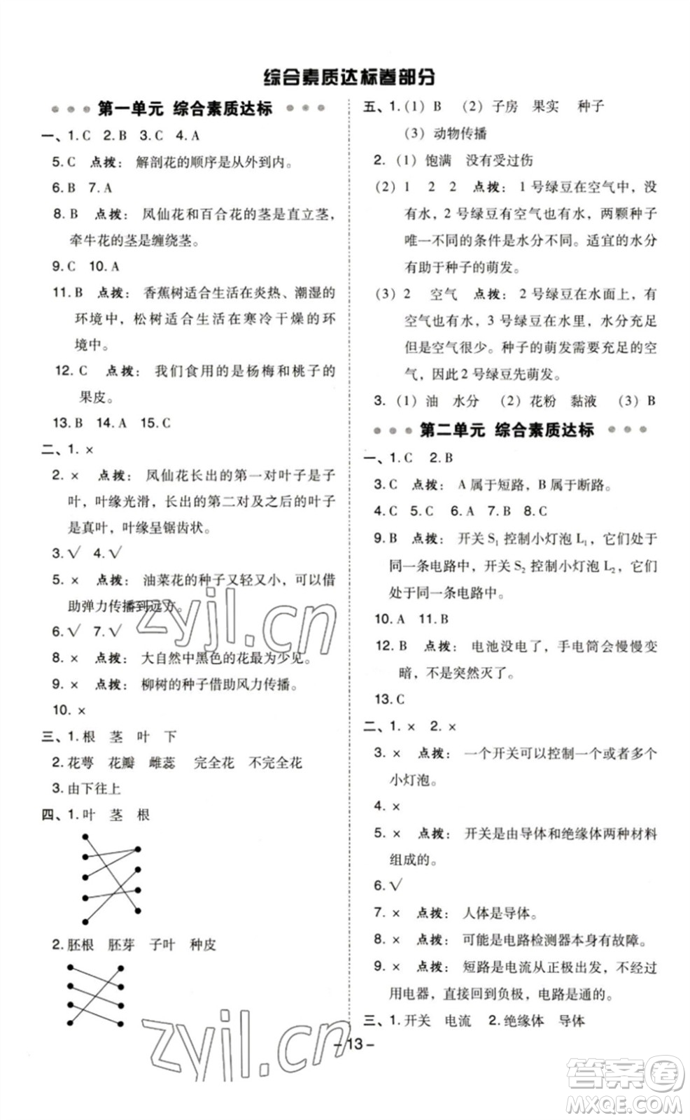 山西教育出版社2023綜合應(yīng)用創(chuàng)新題典中點(diǎn)四年級(jí)科學(xué)下冊(cè)科教版參考答案