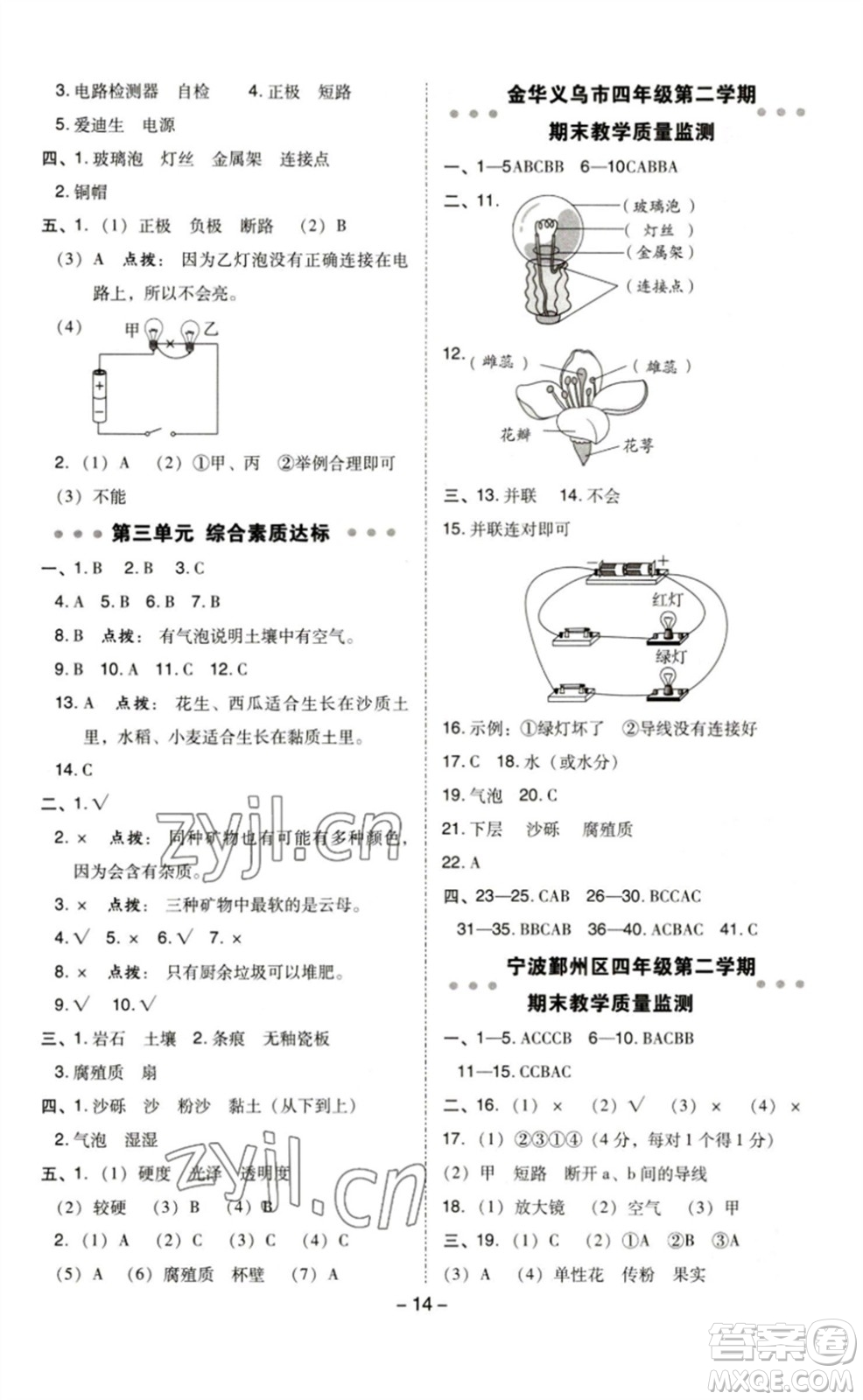 山西教育出版社2023綜合應(yīng)用創(chuàng)新題典中點(diǎn)四年級(jí)科學(xué)下冊(cè)科教版參考答案