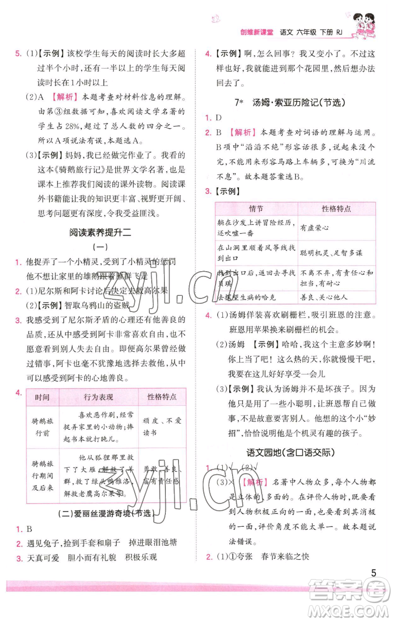 江西人民出版社2023王朝霞創(chuàng)維新課堂語文六年級下冊人教版參考答案