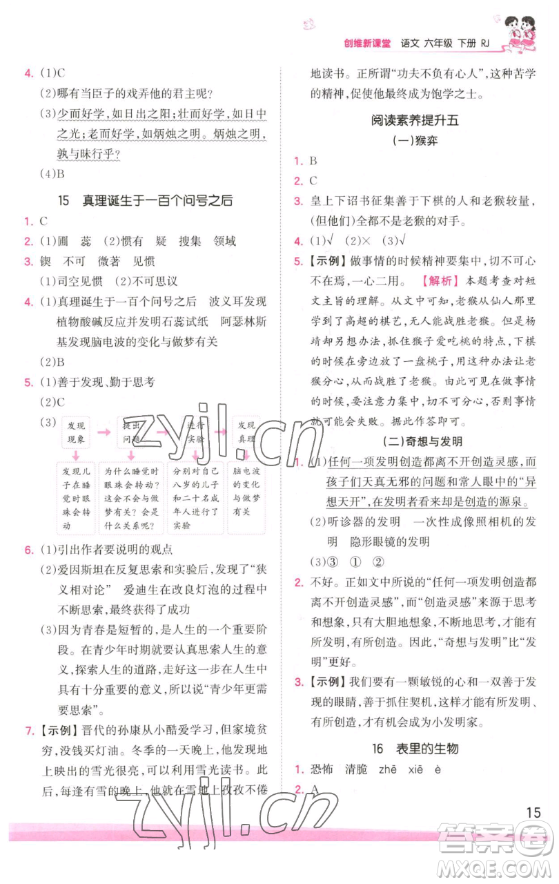 江西人民出版社2023王朝霞創(chuàng)維新課堂語文六年級下冊人教版參考答案