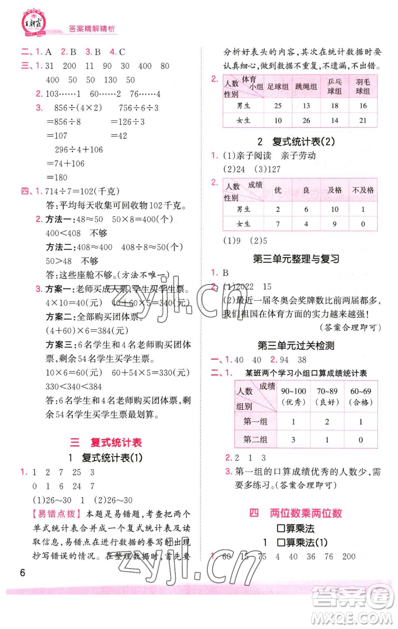 江西人民出版社2023王朝霞創(chuàng)維新課堂數(shù)學(xué)三年級下冊人教版參考答案