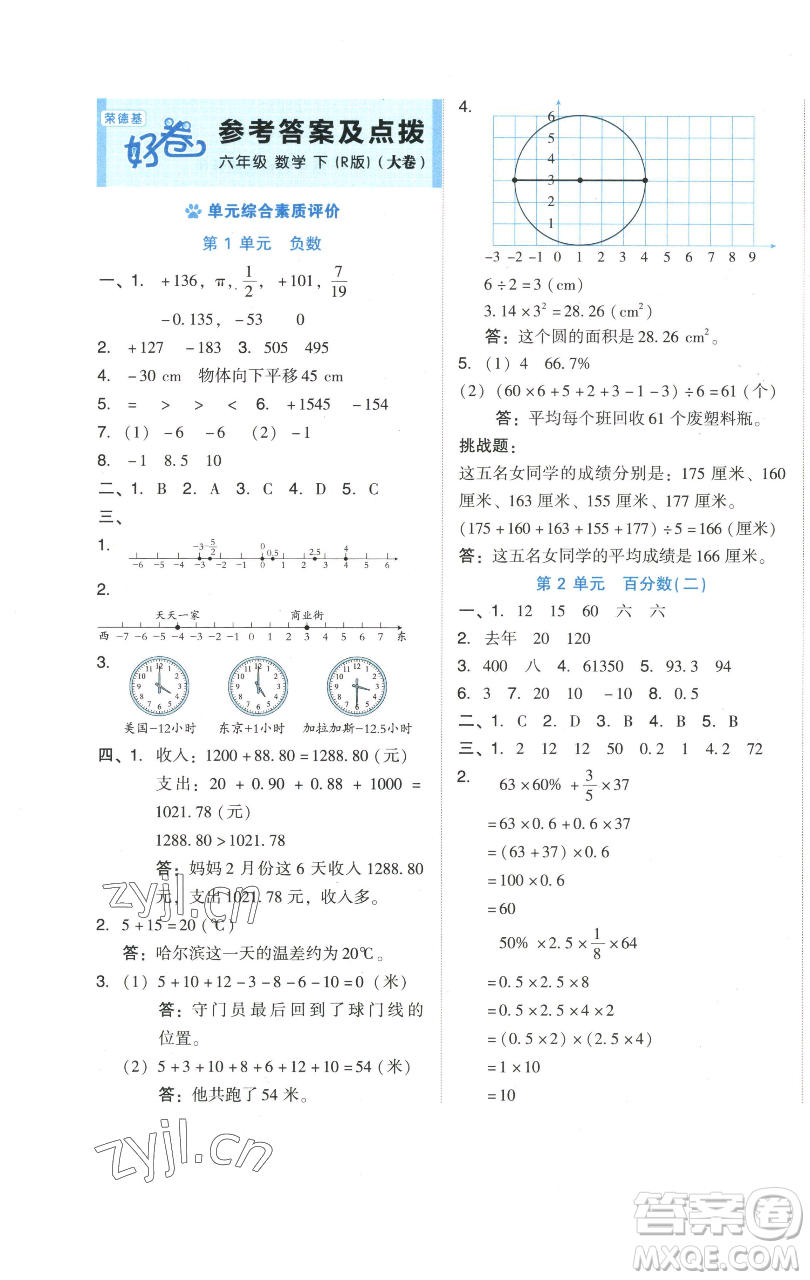 吉林教育出版社2023好卷六年級數(shù)學(xué)下冊人教版參考答案