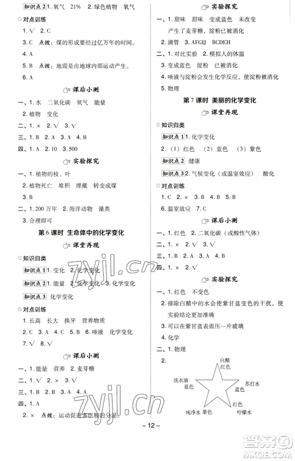 山西教育出版社2023綜合應(yīng)用創(chuàng)新題典中點(diǎn)六年級(jí)科學(xué)下冊(cè)科教版參考答案