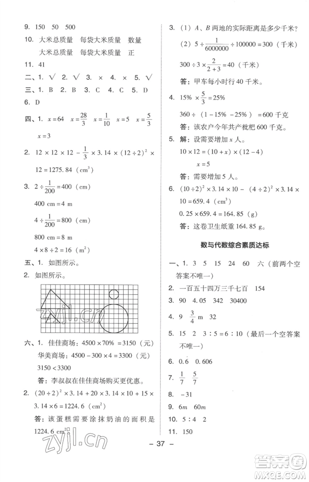 吉林教育出版社2023綜合應(yīng)用創(chuàng)新題典中點(diǎn)六年級(jí)數(shù)學(xué)下冊(cè)人教版浙江專版參考答案