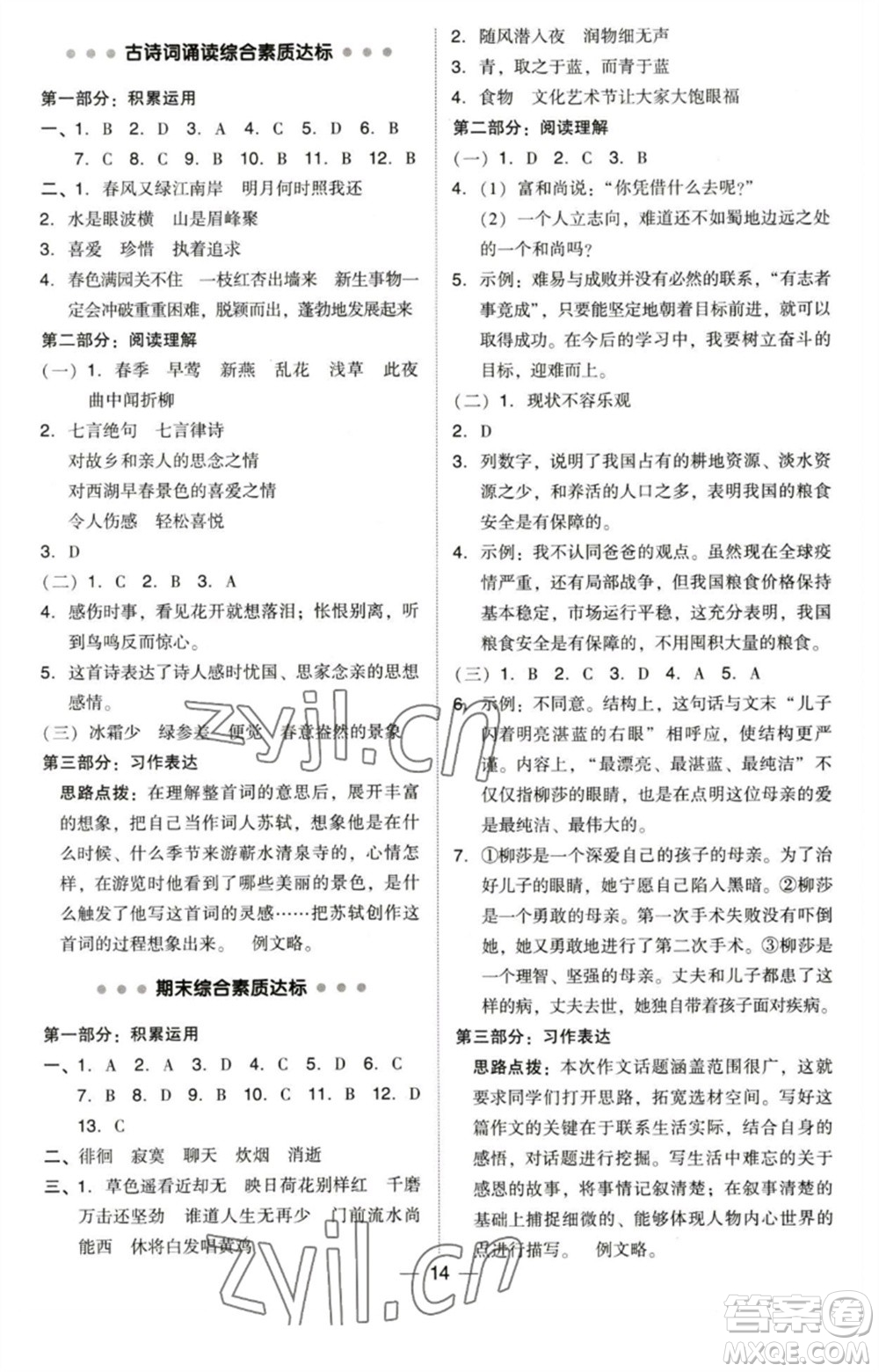 陜西人民教育出版社2023綜合應(yīng)用創(chuàng)新題典中點(diǎn)六年級(jí)語(yǔ)文下冊(cè)人教版福建專版參考答案