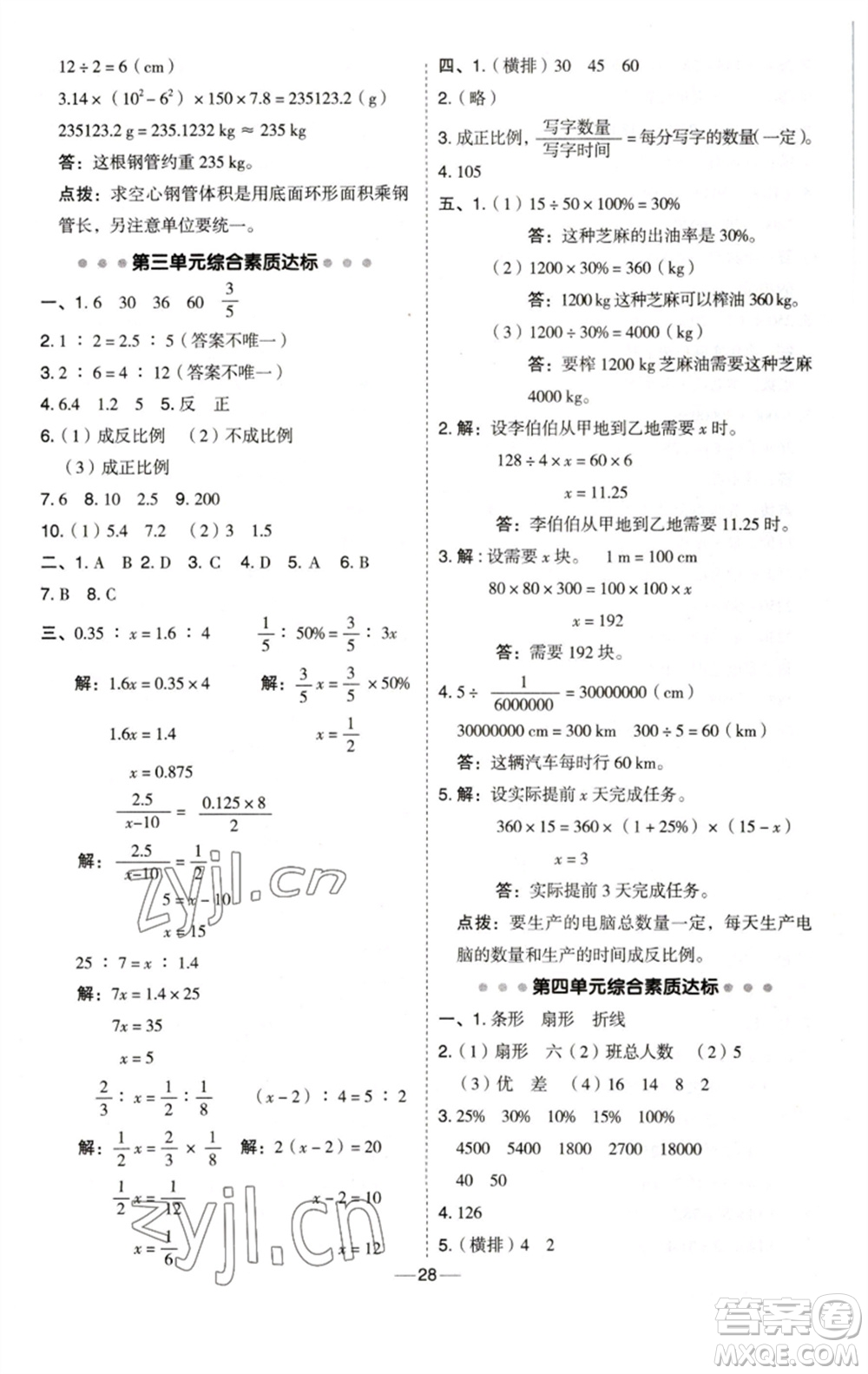 陜西人民教育出版社2023綜合應(yīng)用創(chuàng)新題典中點(diǎn)六年級數(shù)學(xué)下冊西師大版參考答案