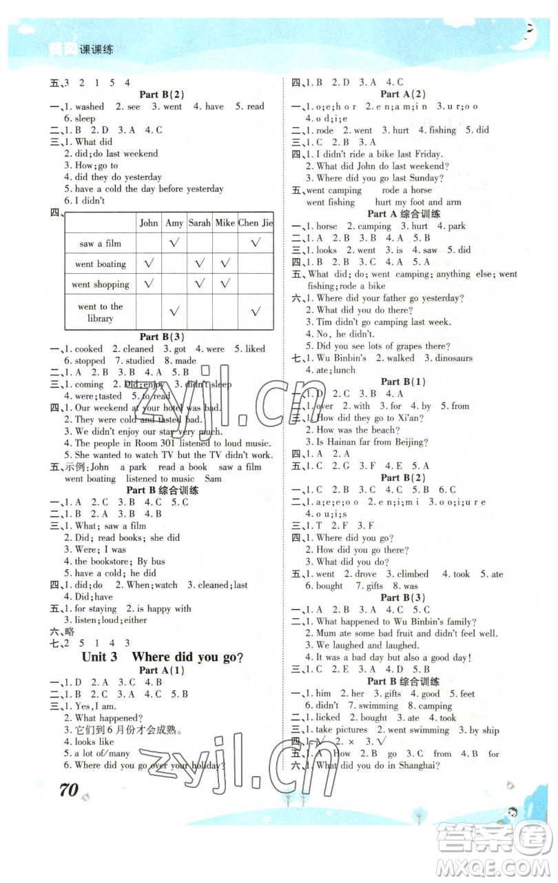 古州古籍出版社2023黃岡課課練六年級(jí)下冊(cè)英語(yǔ)人教PEP版參考答案