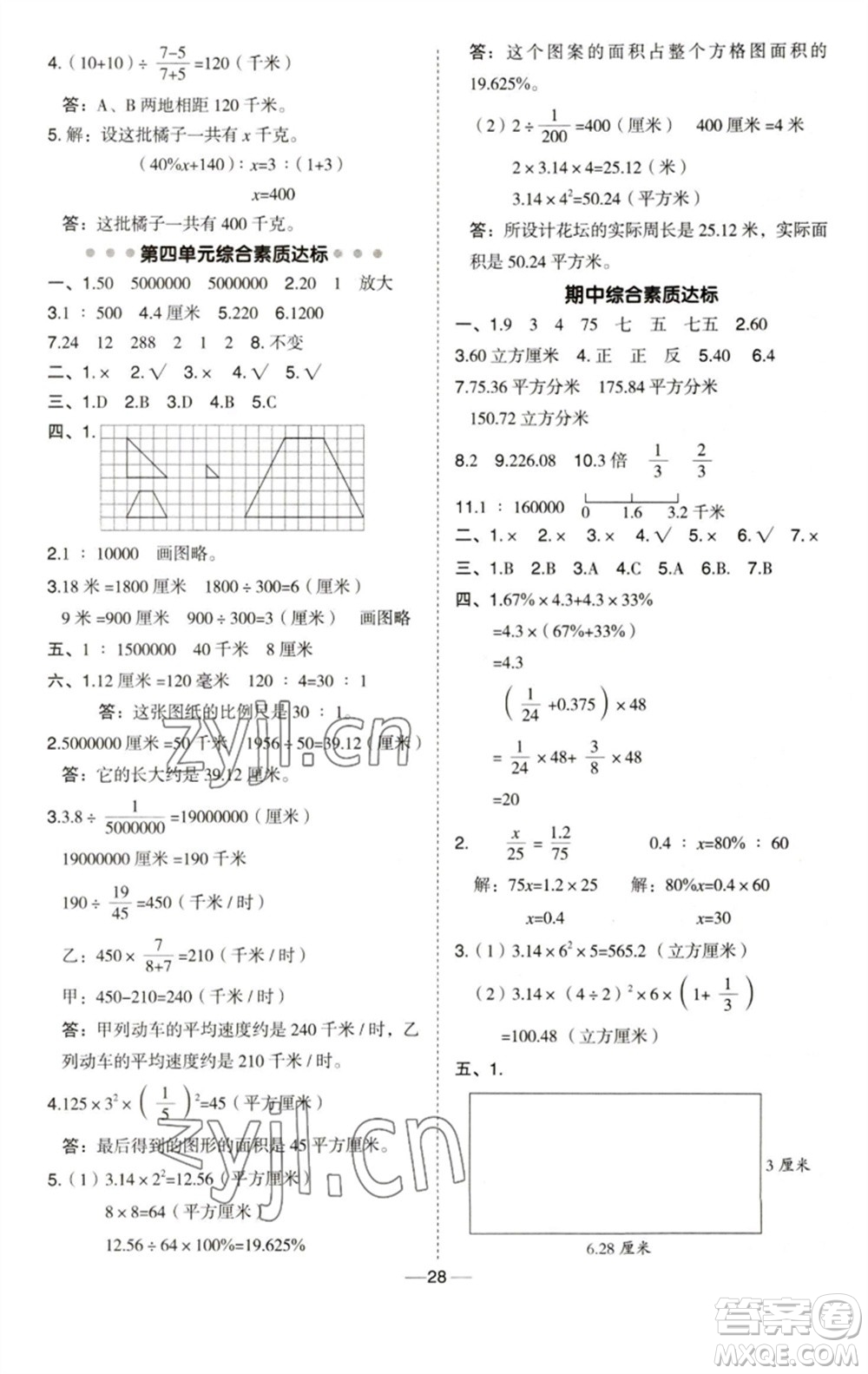 吉林教育出版社2023綜合應(yīng)用創(chuàng)新題典中點(diǎn)六年級(jí)數(shù)學(xué)下冊(cè)青島版參考答案