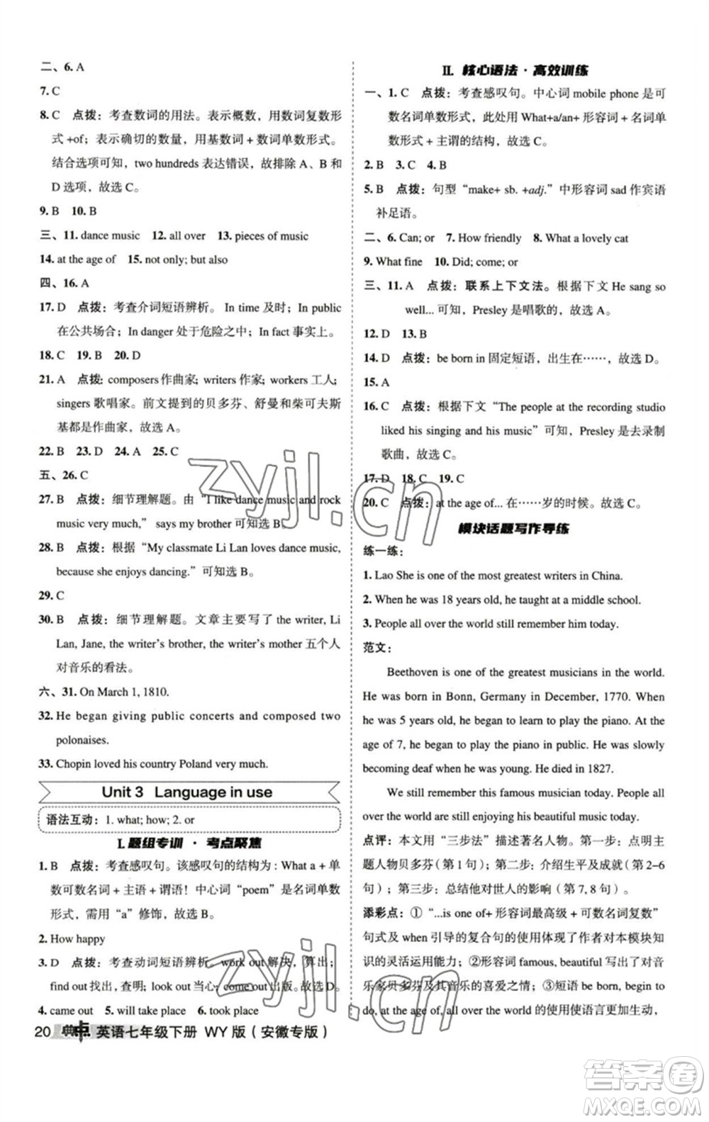 山西教育出版社2023綜合應用創(chuàng)新題典中點七年級英語下冊外研版安徽專版參考答案