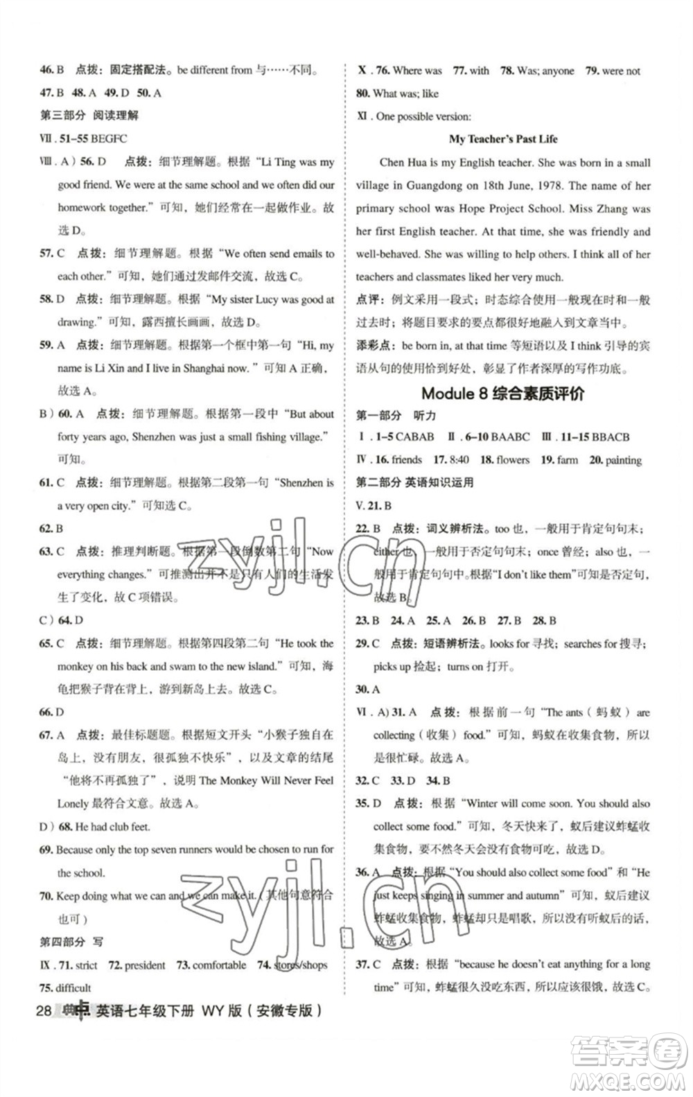 山西教育出版社2023綜合應用創(chuàng)新題典中點七年級英語下冊外研版安徽專版參考答案