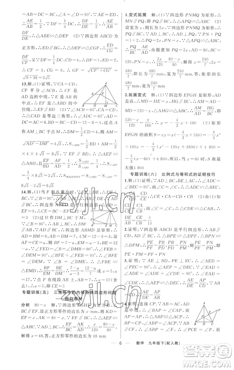 新疆青少年出版社2023四清導(dǎo)航九年級下冊數(shù)學(xué)人教版參考答案