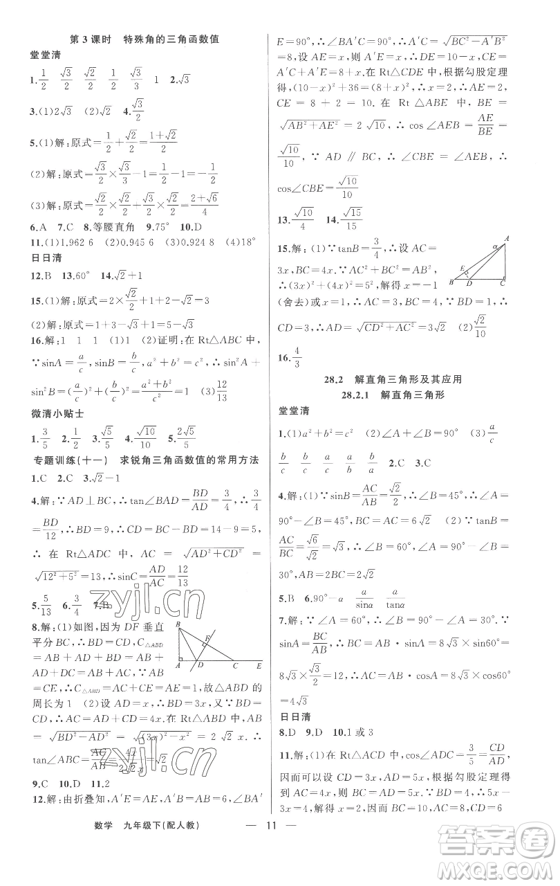 新疆青少年出版社2023四清導(dǎo)航九年級下冊數(shù)學(xué)人教版參考答案