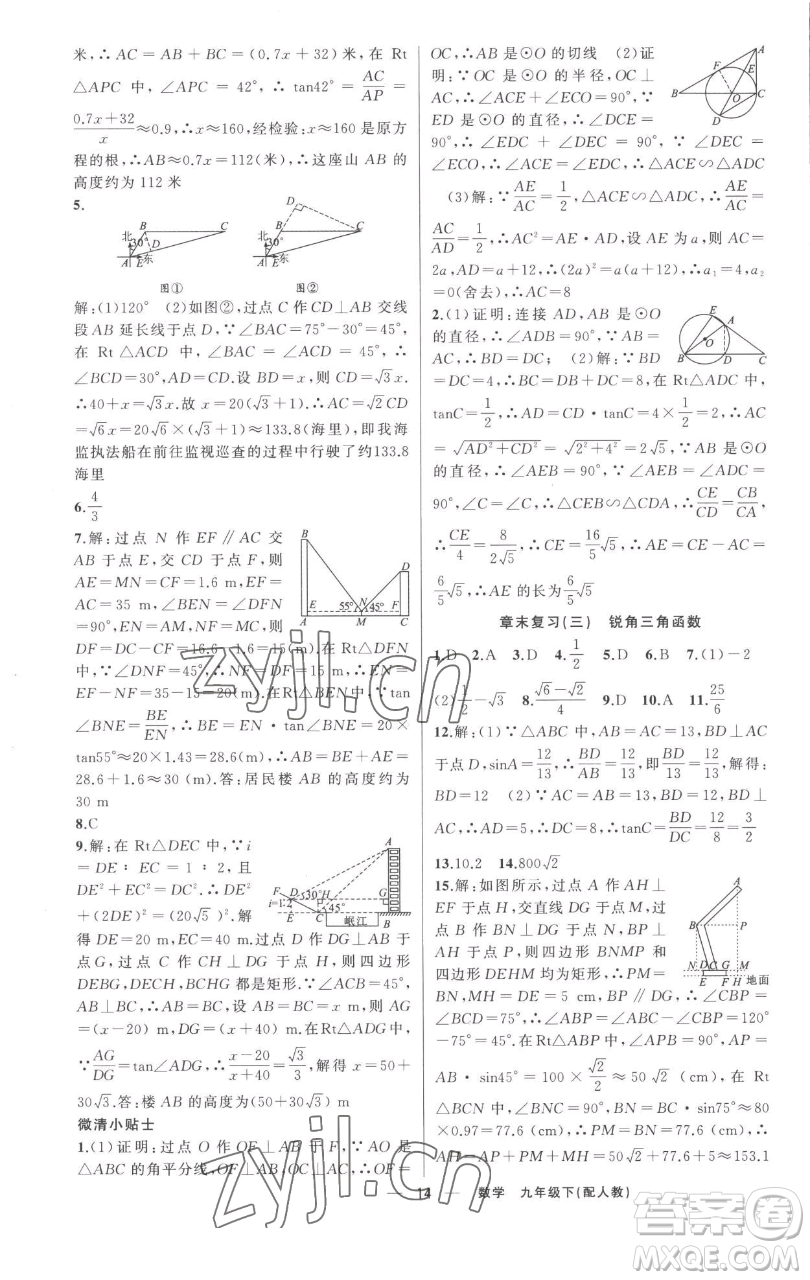 新疆青少年出版社2023四清導(dǎo)航九年級下冊數(shù)學(xué)人教版參考答案