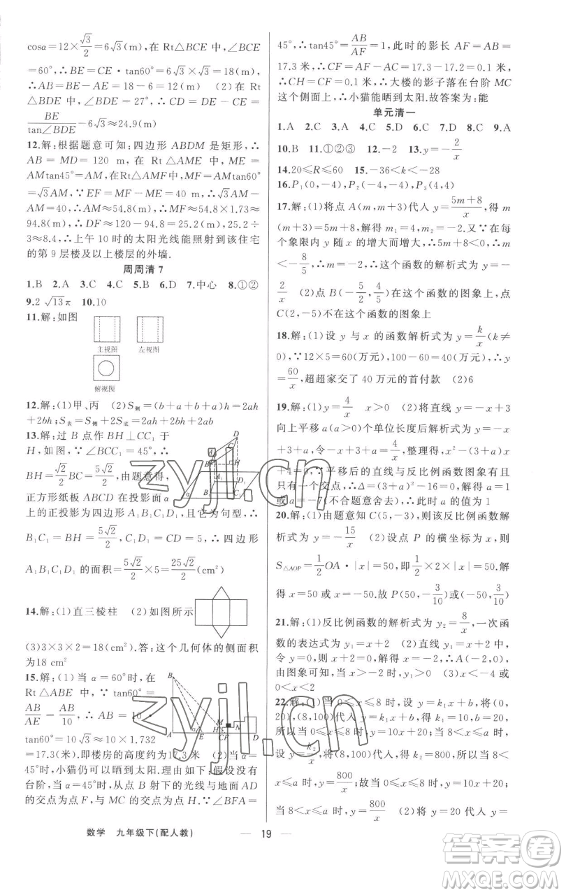 新疆青少年出版社2023四清導(dǎo)航九年級下冊數(shù)學(xué)人教版參考答案