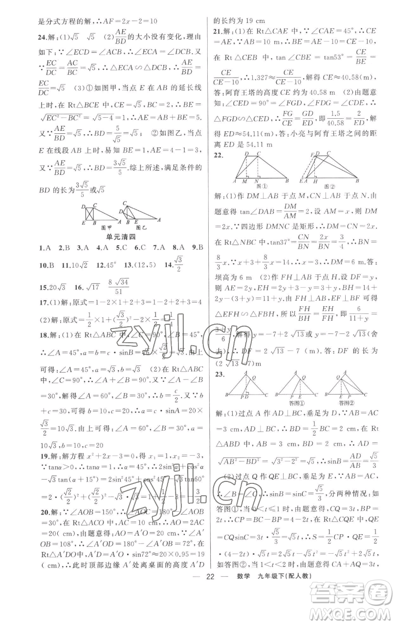 新疆青少年出版社2023四清導(dǎo)航九年級下冊數(shù)學(xué)人教版參考答案