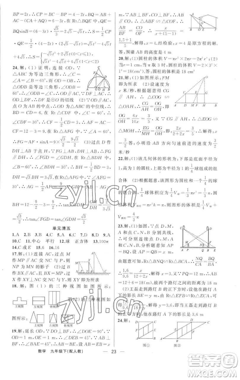 新疆青少年出版社2023四清導(dǎo)航九年級下冊數(shù)學(xué)人教版參考答案