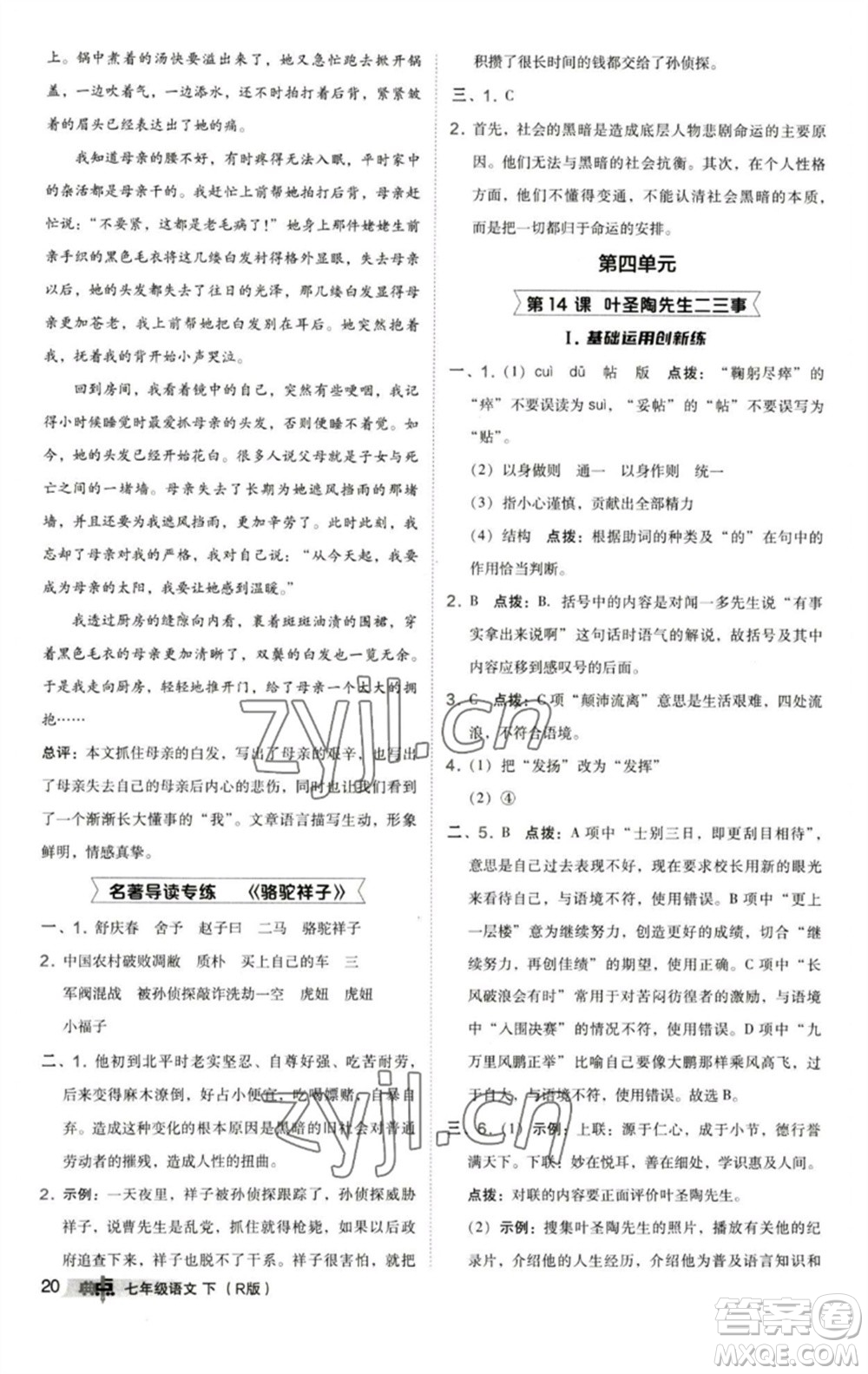 陜西人民教育出版社2023綜合應(yīng)用創(chuàng)新題典中點(diǎn)七年級(jí)語(yǔ)文下冊(cè)人教版參考答案