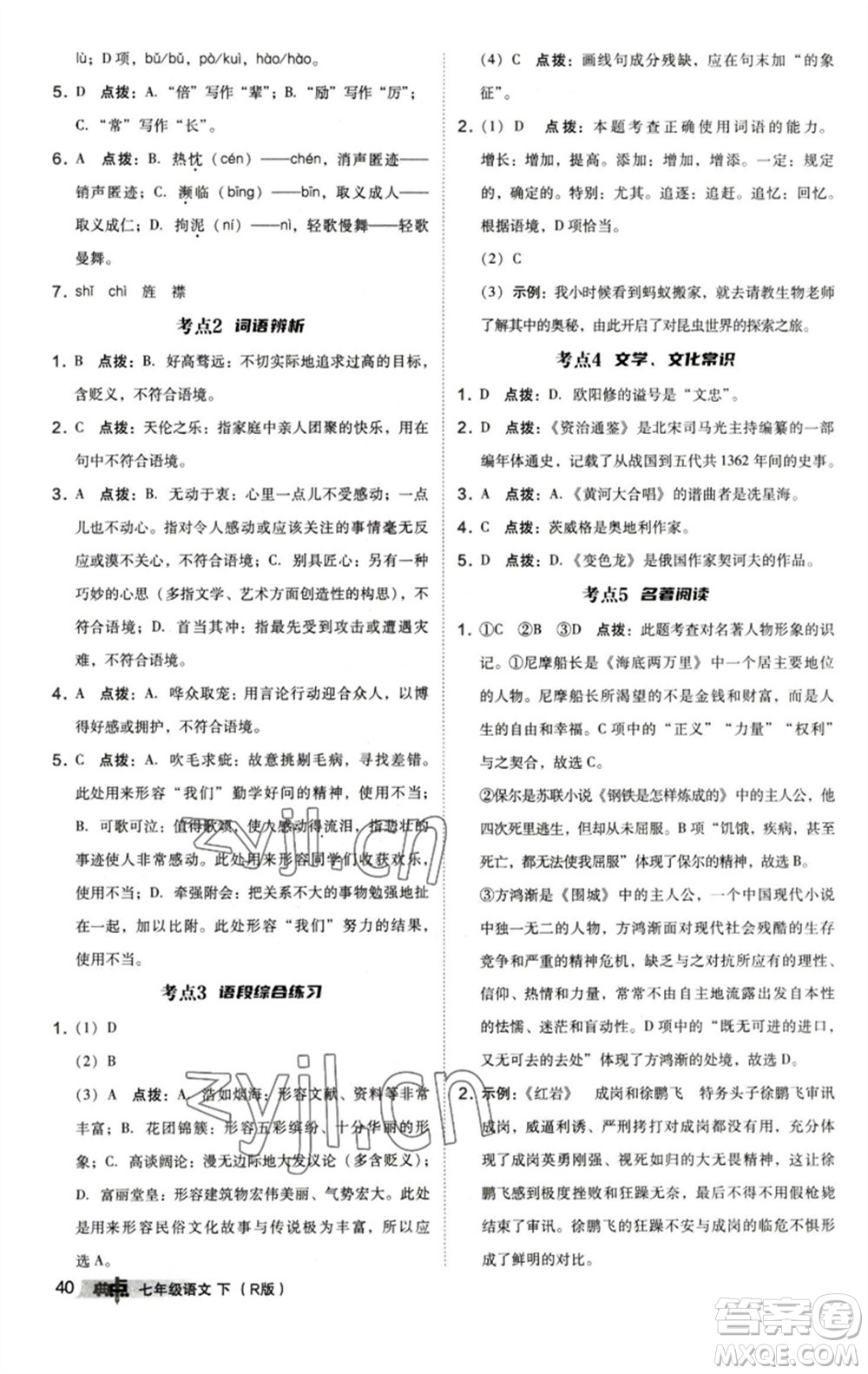 陜西人民教育出版社2023綜合應(yīng)用創(chuàng)新題典中點(diǎn)七年級(jí)語(yǔ)文下冊(cè)人教版參考答案