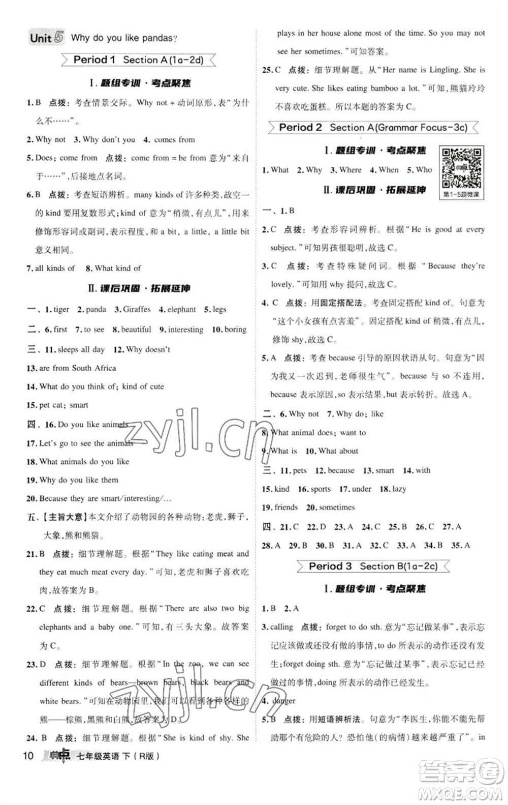 陜西人民教育出版社2023綜合應用創(chuàng)新題典中點七年級英語下冊人教版參考答案