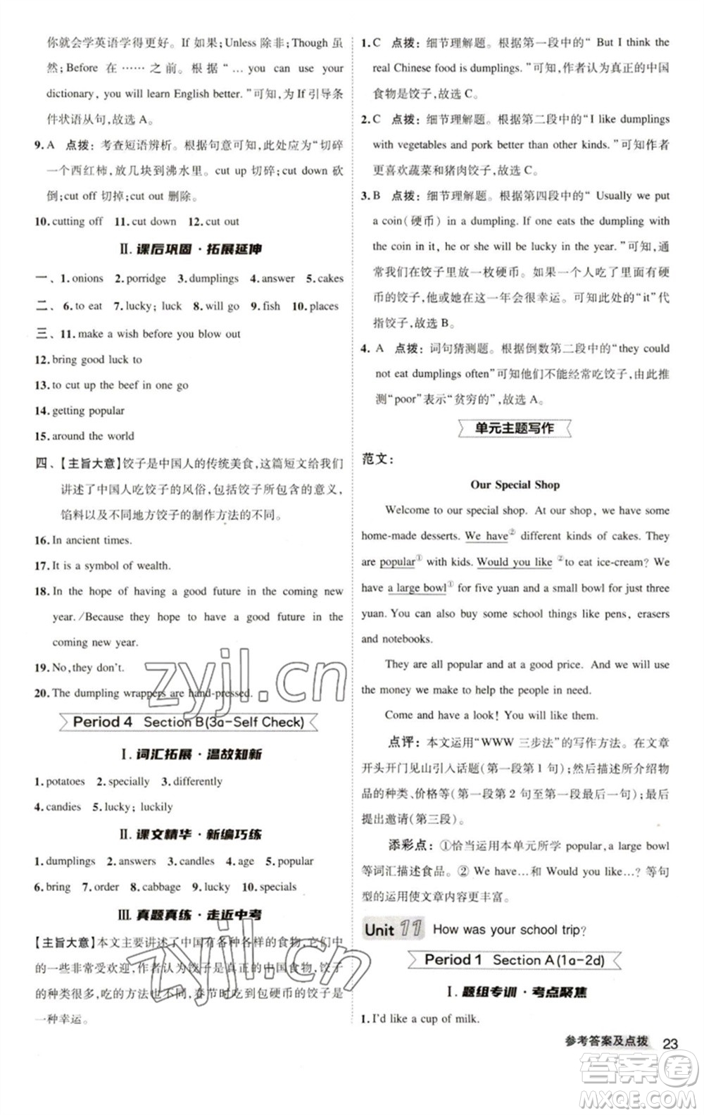 陜西人民教育出版社2023綜合應用創(chuàng)新題典中點七年級英語下冊人教版參考答案