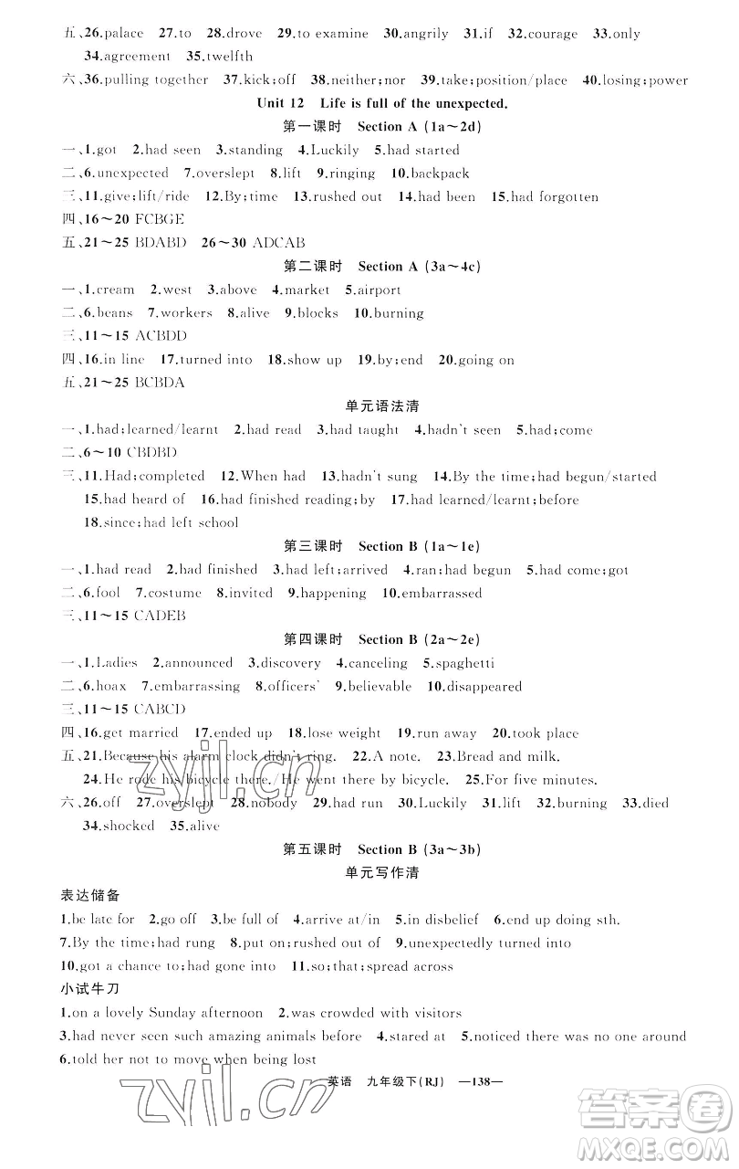 新疆青少年出版社2023四清導航九年級下冊英語人教版黃石專版參考答案