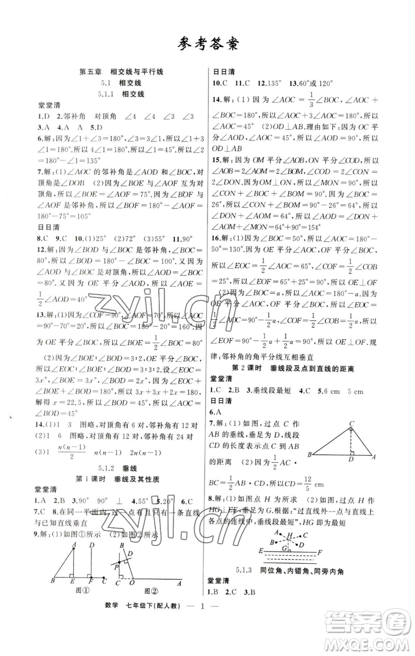 新疆青少年出版社2023四清導航七年級下冊數(shù)學人教版參考答案