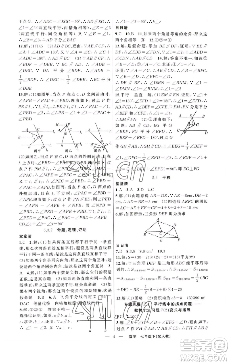 新疆青少年出版社2023四清導航七年級下冊數(shù)學人教版參考答案