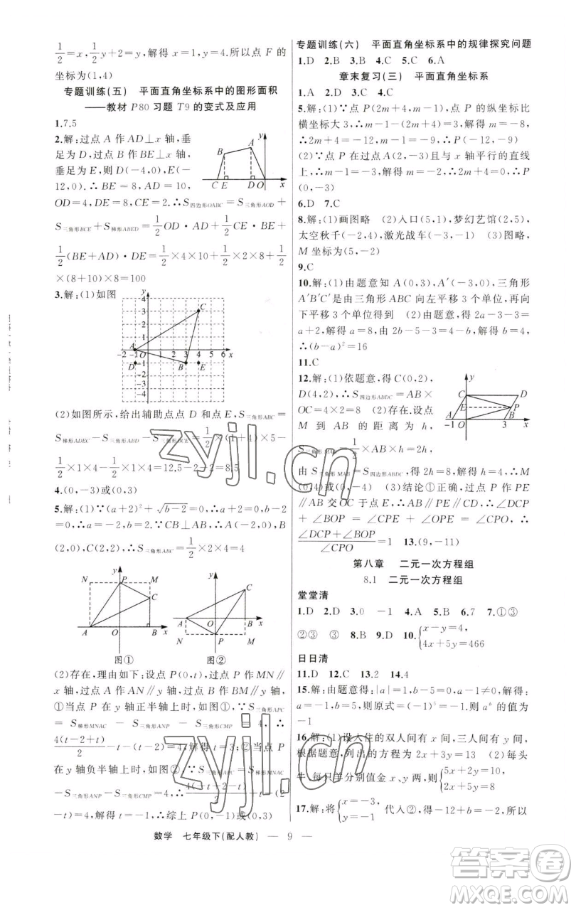 新疆青少年出版社2023四清導航七年級下冊數(shù)學人教版參考答案