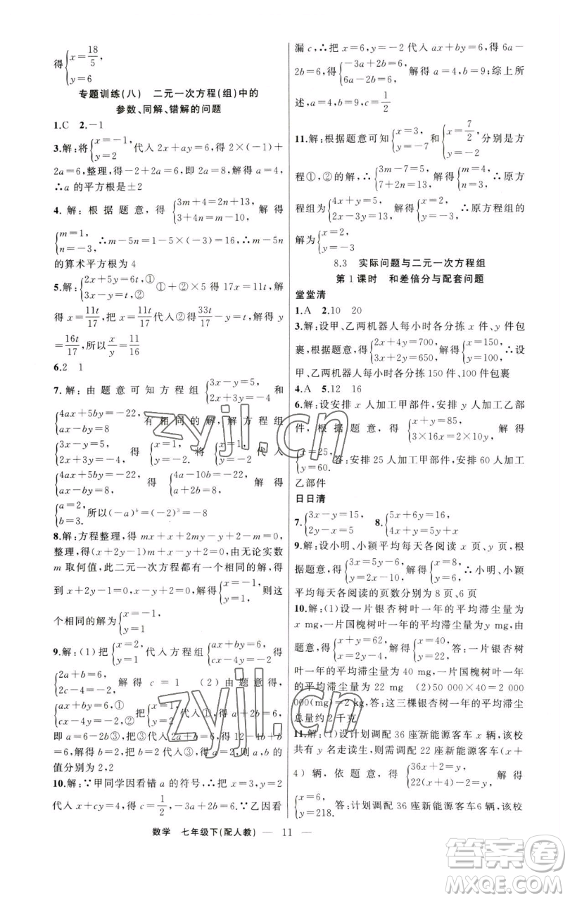 新疆青少年出版社2023四清導航七年級下冊數(shù)學人教版參考答案