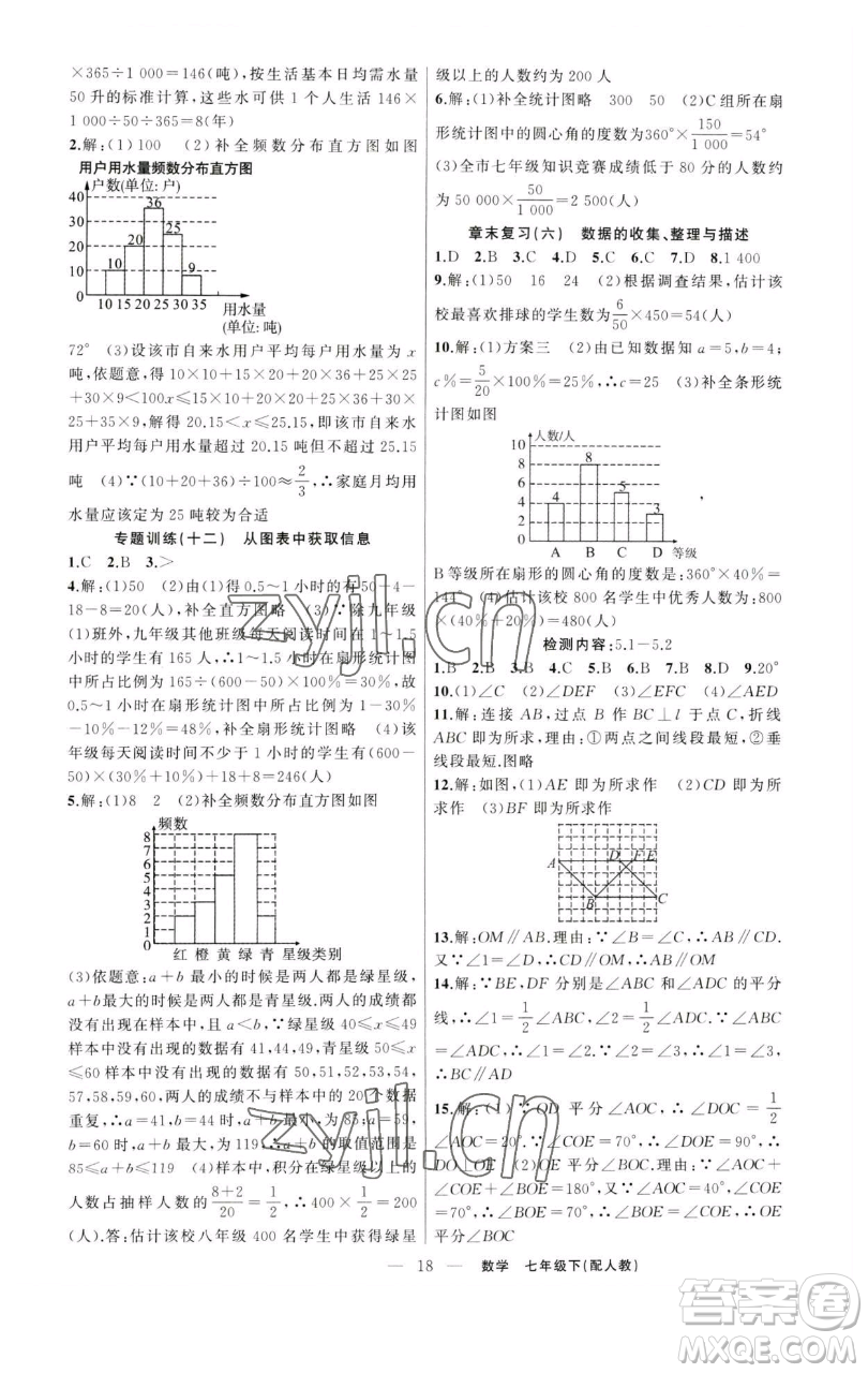 新疆青少年出版社2023四清導航七年級下冊數(shù)學人教版參考答案