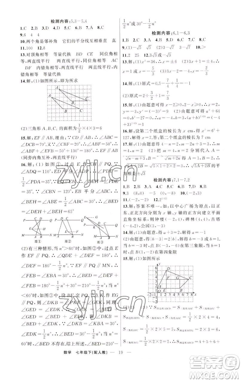 新疆青少年出版社2023四清導航七年級下冊數(shù)學人教版參考答案