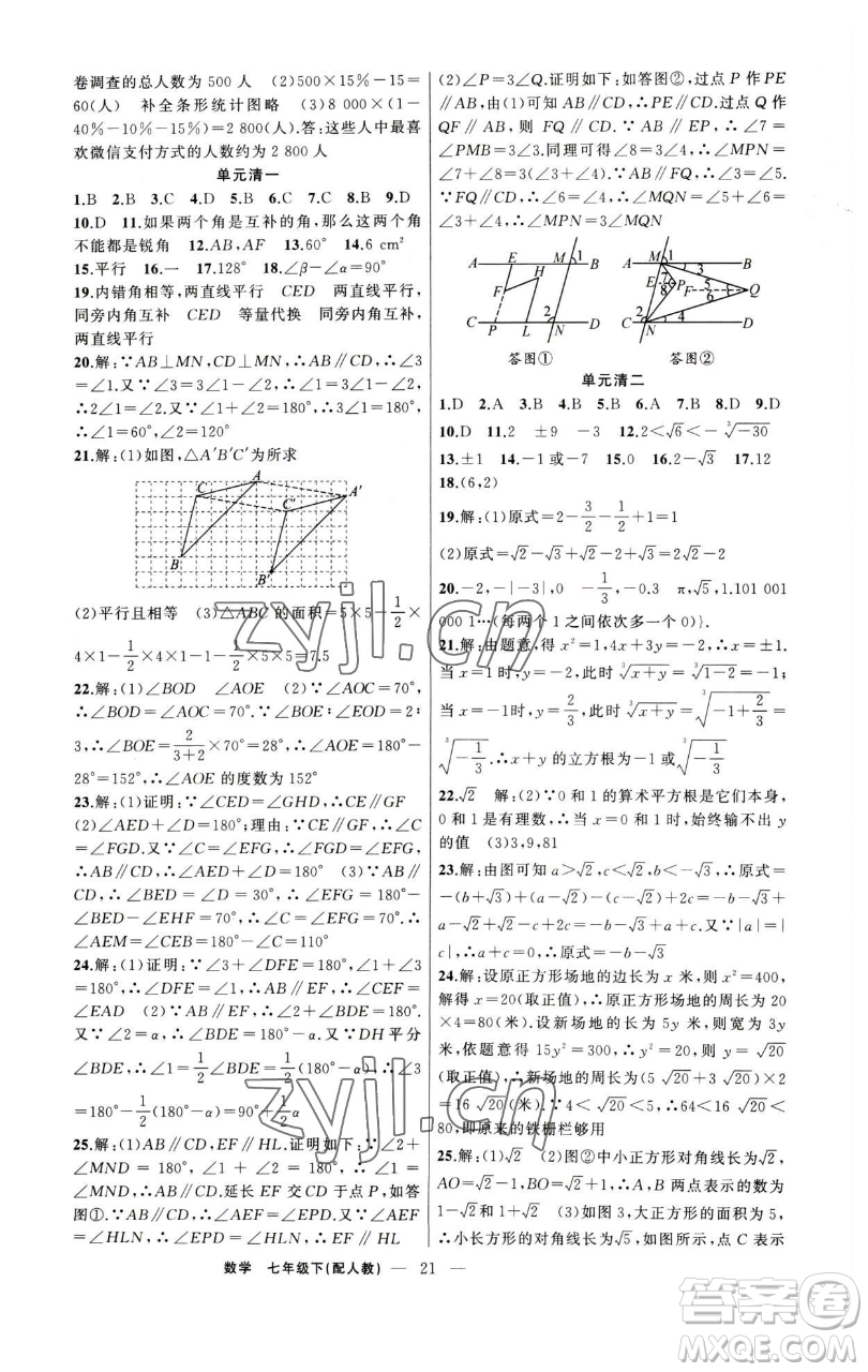 新疆青少年出版社2023四清導航七年級下冊數(shù)學人教版參考答案