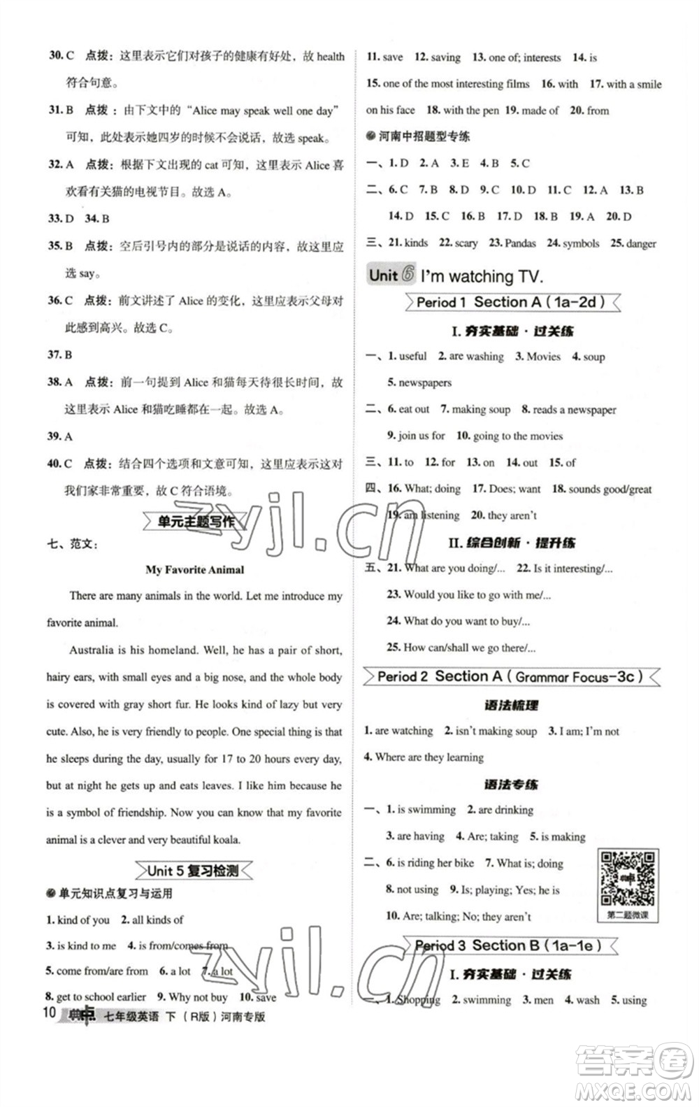 吉林教育出版社2023綜合應(yīng)用創(chuàng)新題典中點(diǎn)七年級(jí)英語下冊人教版河南專版參考答案