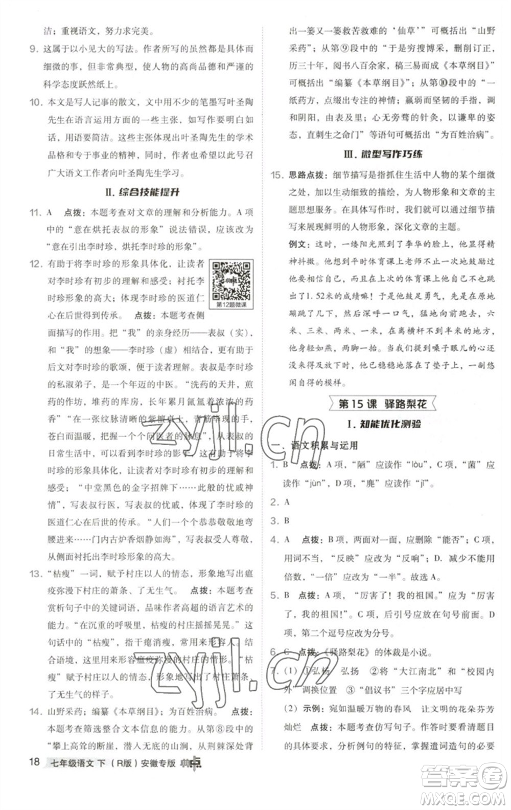 吉林教育出版社2023綜合應(yīng)用創(chuàng)新題典中點(diǎn)七年級語文下冊人教版安徽專版參考答案