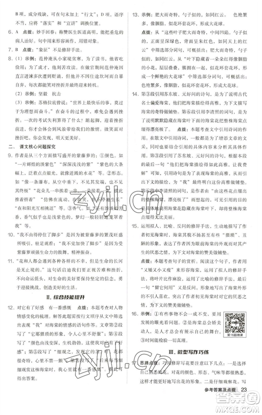 吉林教育出版社2023綜合應(yīng)用創(chuàng)新題典中點(diǎn)七年級語文下冊人教版安徽專版參考答案