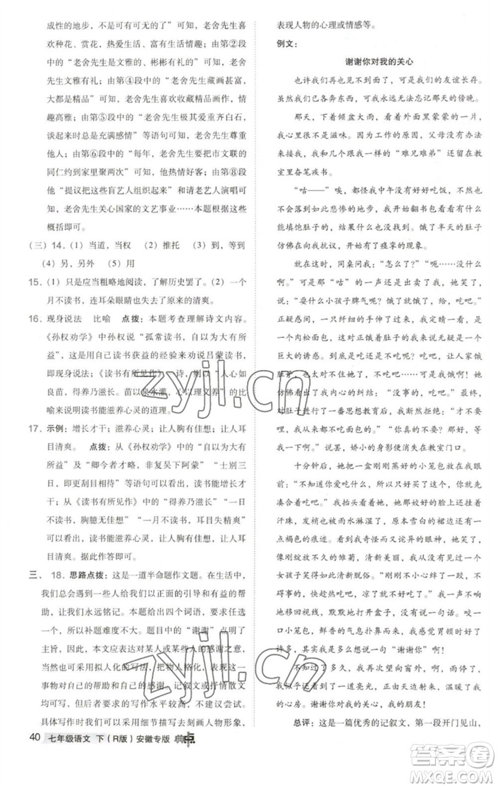 吉林教育出版社2023綜合應(yīng)用創(chuàng)新題典中點(diǎn)七年級語文下冊人教版安徽專版參考答案