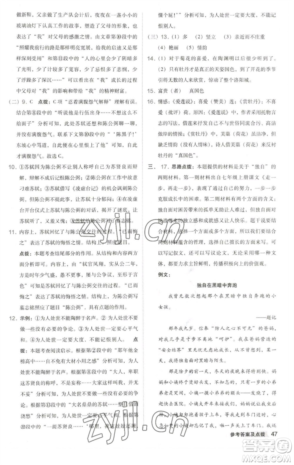 吉林教育出版社2023綜合應(yīng)用創(chuàng)新題典中點(diǎn)七年級語文下冊人教版安徽專版參考答案