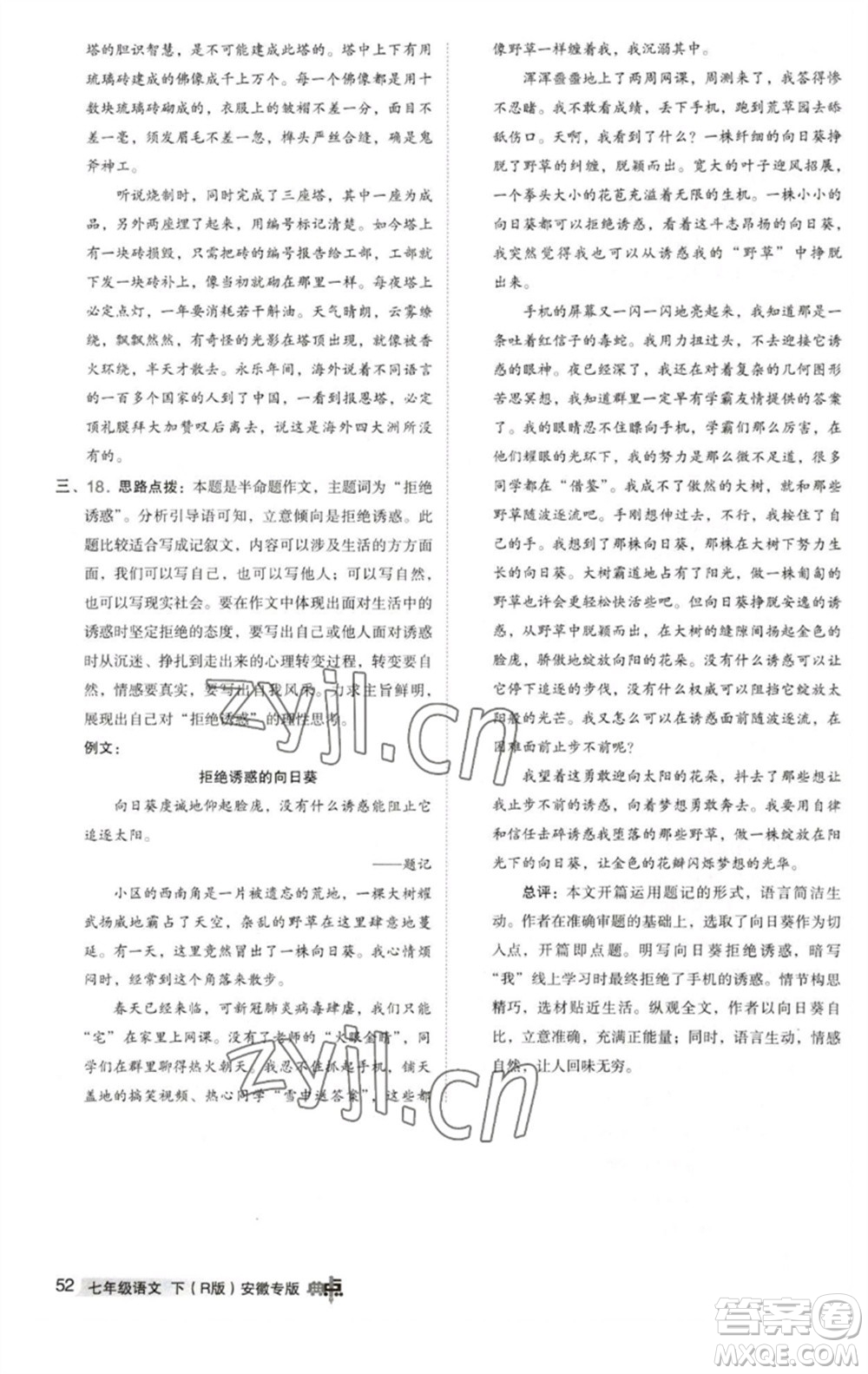 吉林教育出版社2023綜合應(yīng)用創(chuàng)新題典中點(diǎn)七年級語文下冊人教版安徽專版參考答案