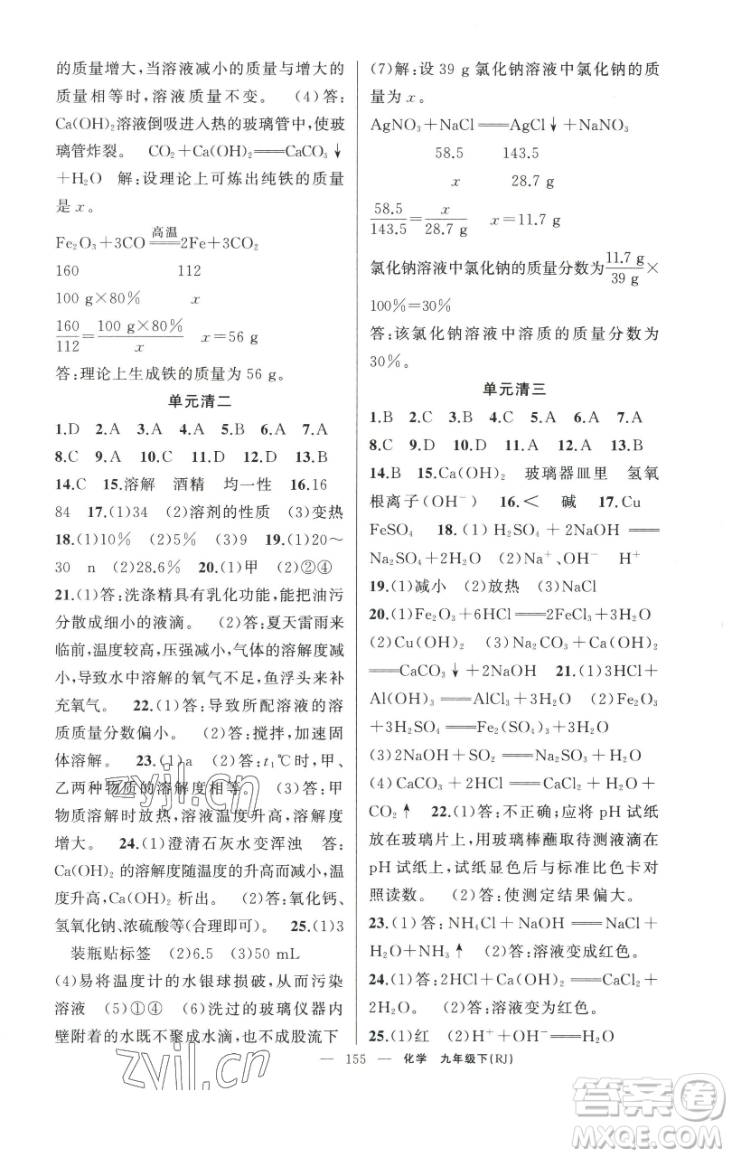 新疆青少年出版社2023四清導(dǎo)航九年級(jí)下冊化學(xué)人教版河南專版參考答案