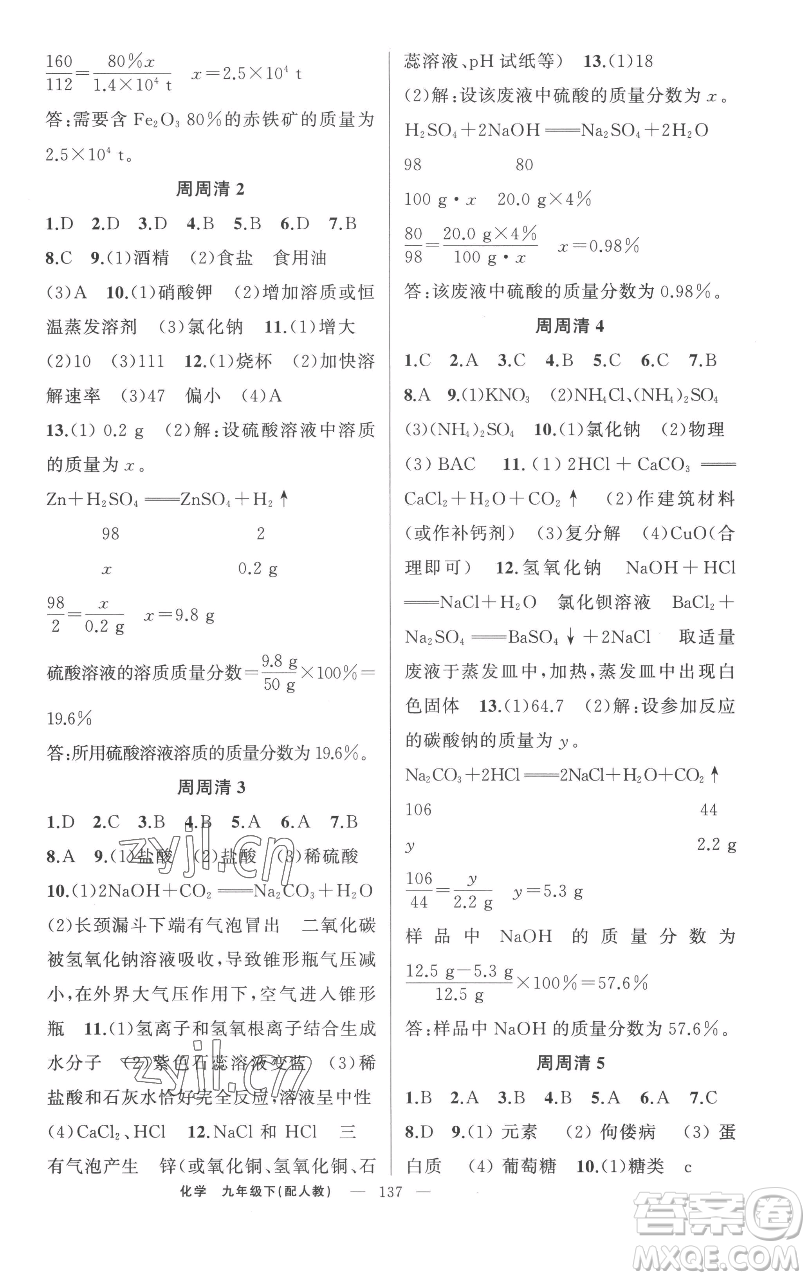 新疆青少年出版社2023四清導航九年級下冊化學人教版參考答案